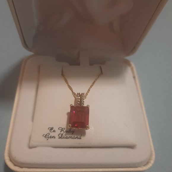 14k Gold Over Silver Lab-Created Ruby & Diamond Accent Pendant 18in - Picture 2 of 6